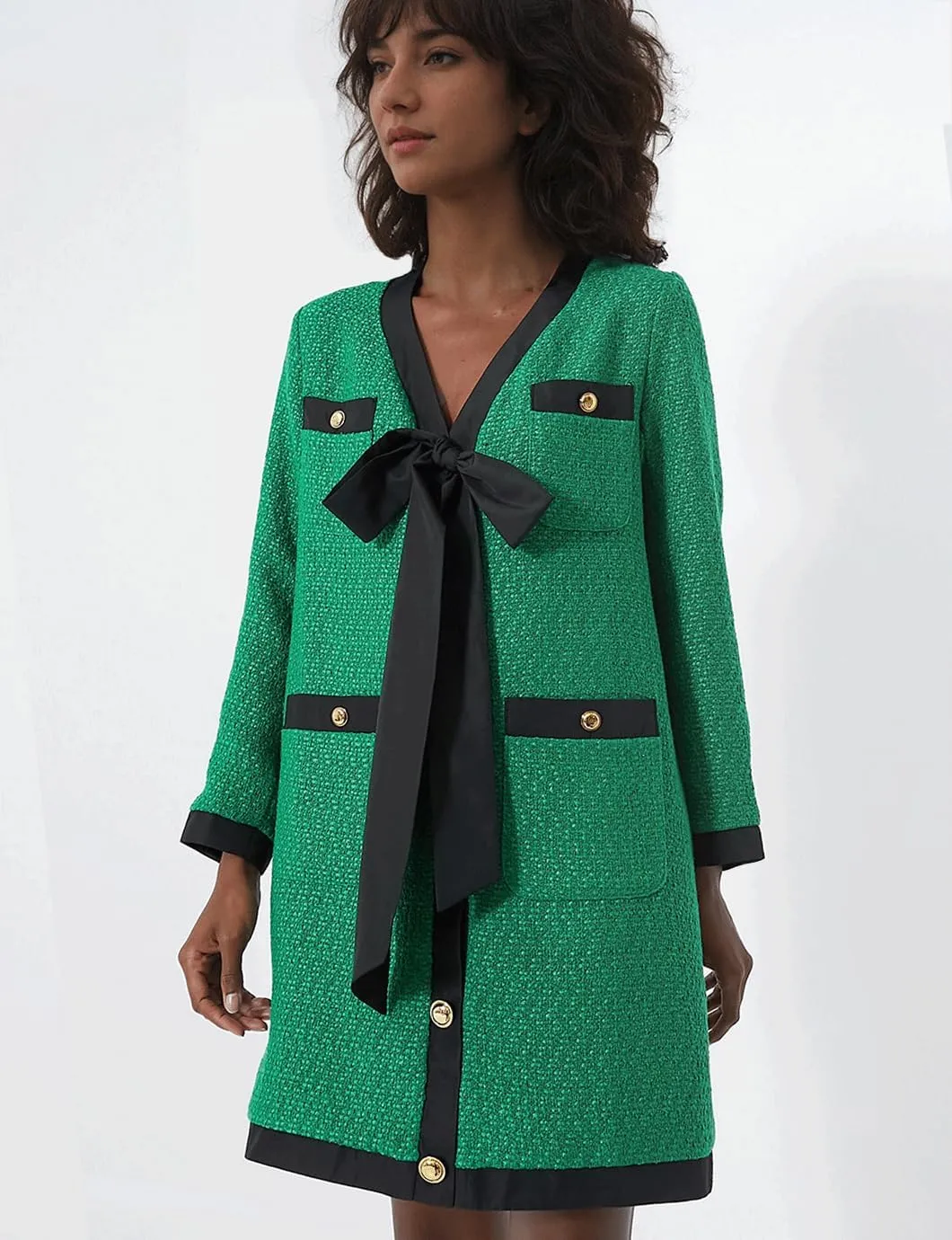 Women's Elegant Tweed Bow Dress V Neck Button Down Long Sleeve Bodycon Mini Dress with Back Zip