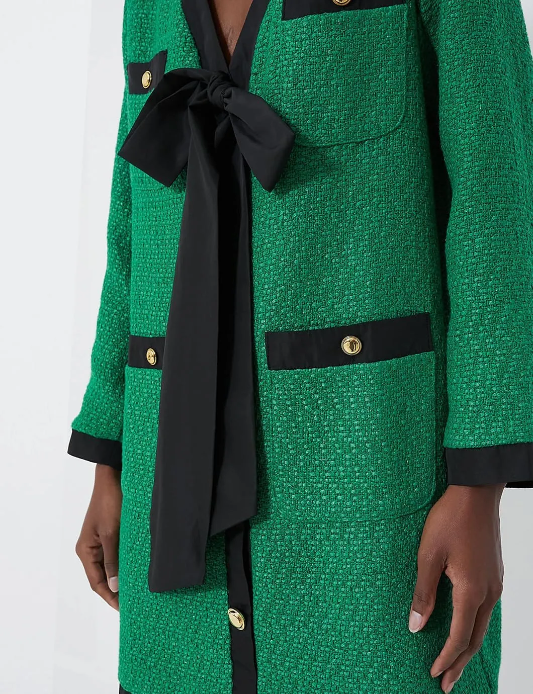 Women's Elegant Tweed Bow Dress V Neck Button Down Long Sleeve Bodycon Mini Dress with Back Zip
