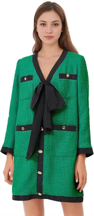 Women's Elegant Tweed Bow Dress V Neck Button Down Long Sleeve Bodycon Mini Dress with Back Zip
