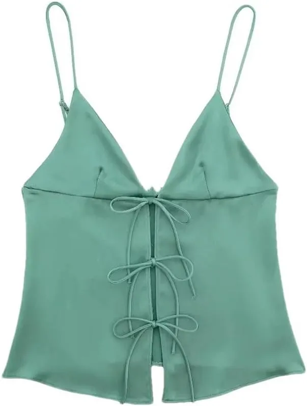 Women's Elegant V Neck Sleeveless Backless Y2k Bow Solid Color Camisole