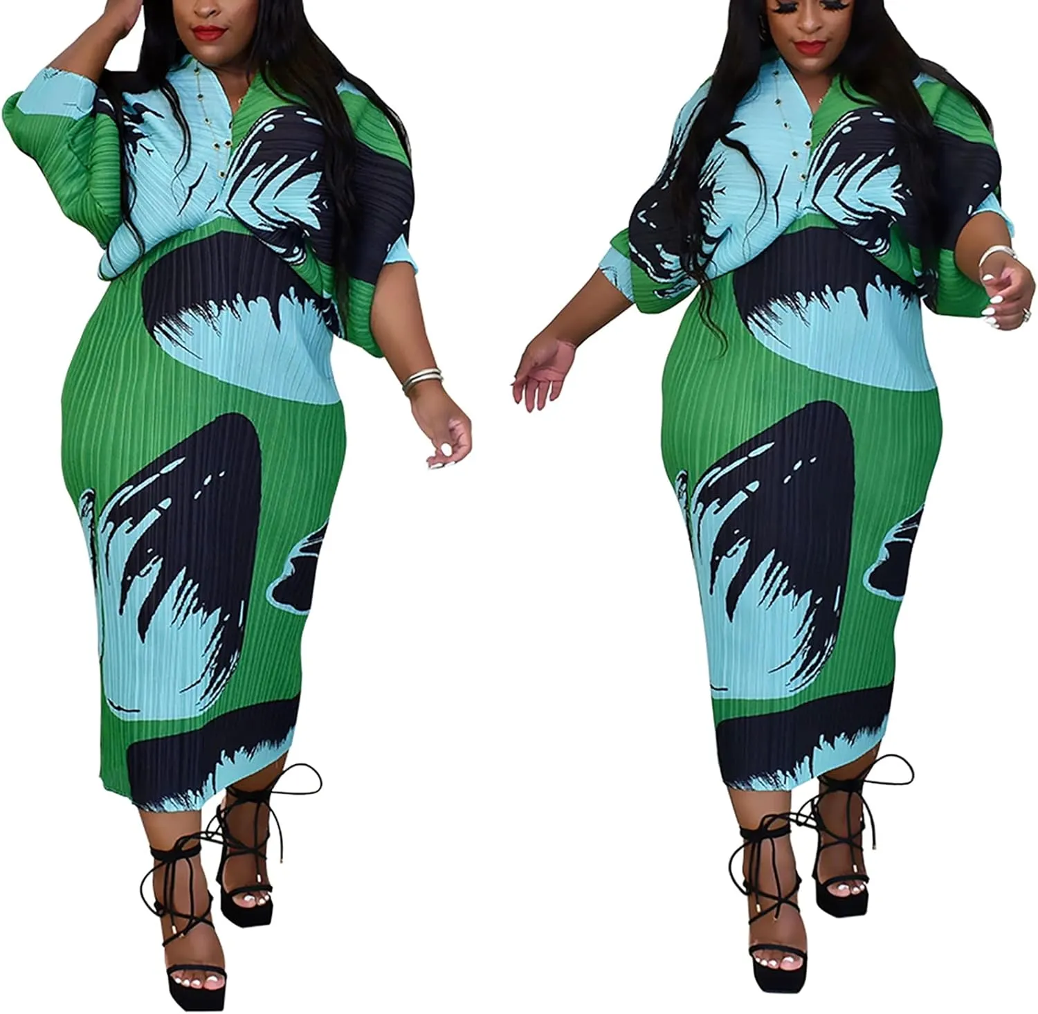 Women's Floral Print Pleated Long Dress Elegant Stretchy Flowy Ruched Midi Dress for Party Club
