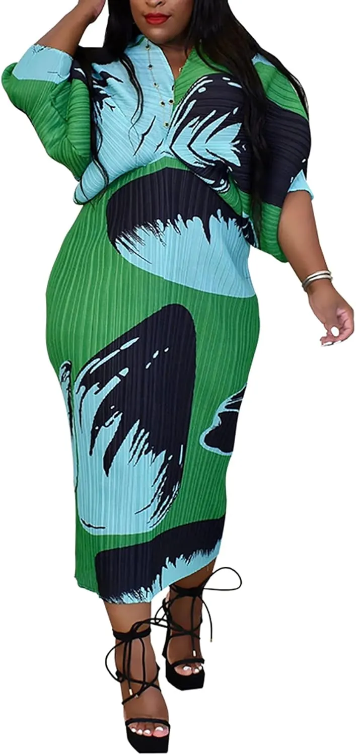 Women's Floral Print Pleated Long Dress Elegant Stretchy Flowy Ruched Midi Dress for Party Club