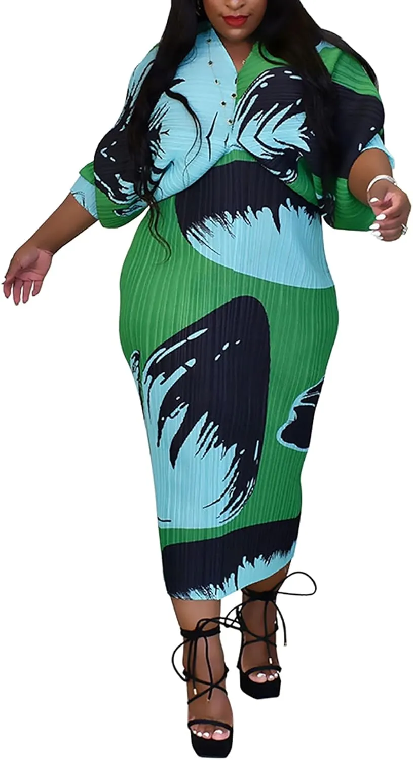 Women's Floral Print Pleated Long Dress Elegant Stretchy Flowy Ruched Midi Dress for Party Club