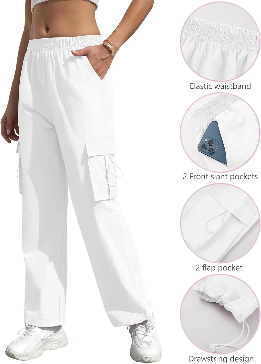 Women's High Waisted Cargo Pants Baggy Trendy Hiking Parachute Pants with Pockets Y2K Cargo Trousers Drawstring Ankles