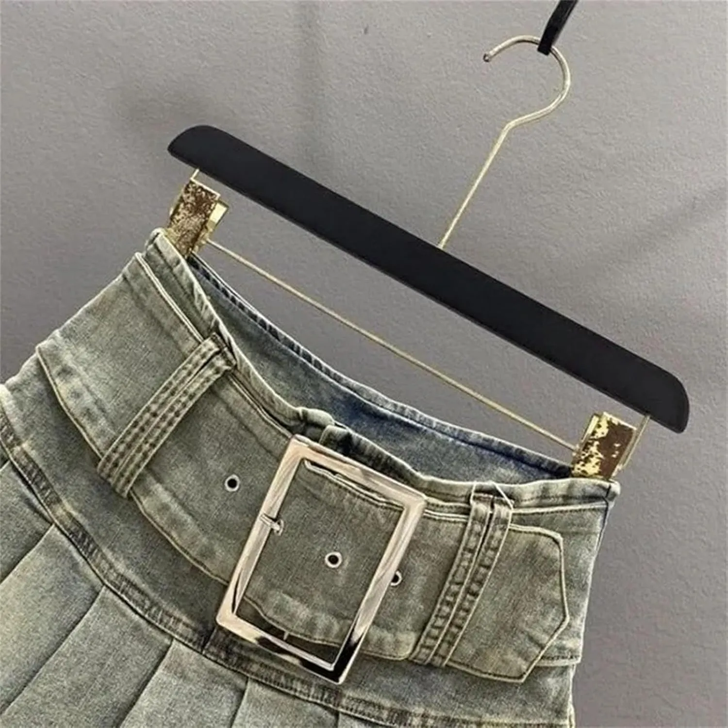 Women's Korean Style Denim Pleated Short Skirt Summer High Waisted Motorcycle Mini Culottes Skirts