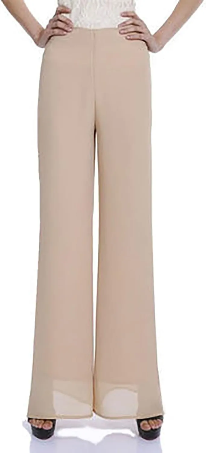Women's Lightweight Chiffon Straight Suit Pants High Elastic Waist Flowing Trousers Flared Wide Leg Wedding Culottes