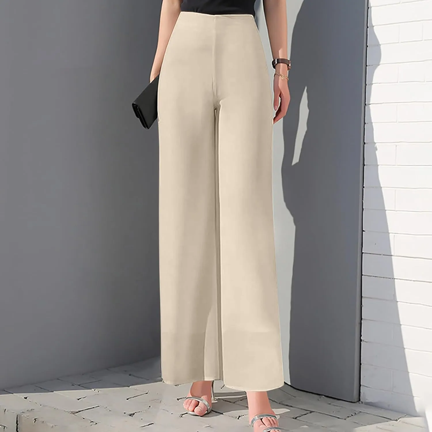 Women's Lightweight Chiffon Straight Suit Pants High Elastic Waist Flowing Trousers Flared Wide Leg Wedding Culottes