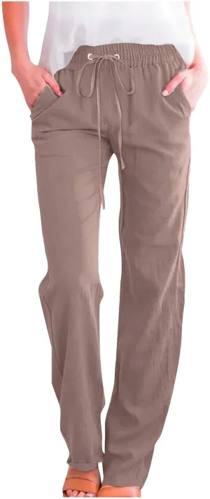 Women's Linen Pant Drawstrings Straight Leg High Waist Trousers Summer Casual Lightweight Breathable Long Pants