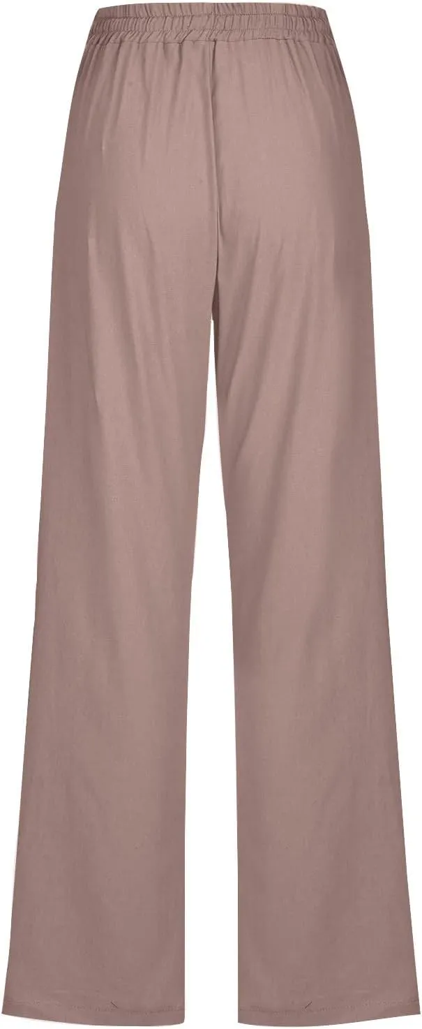 Women's Linen Pant Drawstrings Straight Leg High Waist Trousers Summer Casual Lightweight Breathable Long Pants