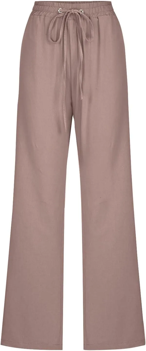 Women's Linen Pant Drawstrings Straight Leg High Waist Trousers Summer Casual Lightweight Breathable Long Pants