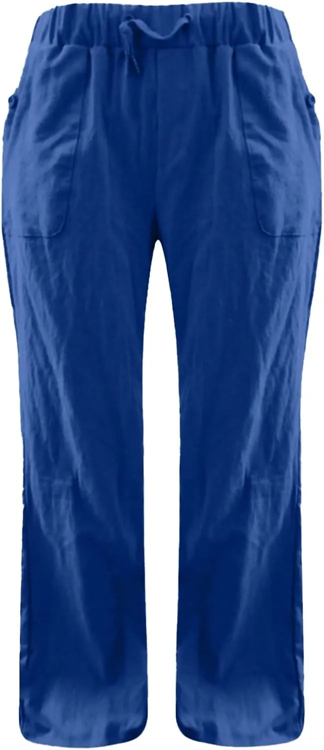Womens Linen Pants Lounge Pant Floral Solid Palazzo Pants High Waist Wide Leg Trousers with Pockets Beach Outfits for Women