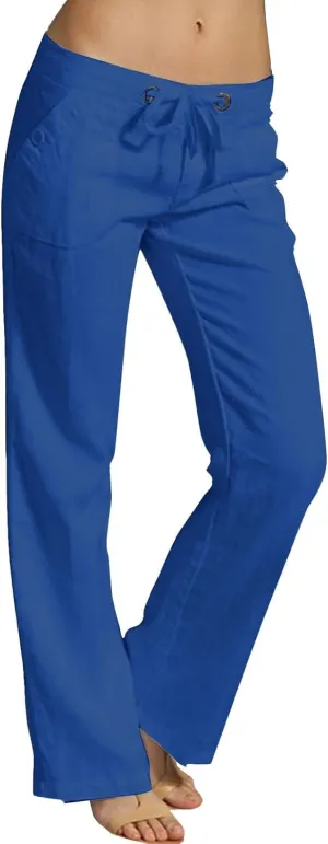 Womens Linen Pants Lounge Pant Floral Solid Palazzo Pants High Waist Wide Leg Trousers with Pockets Beach Outfits for Women