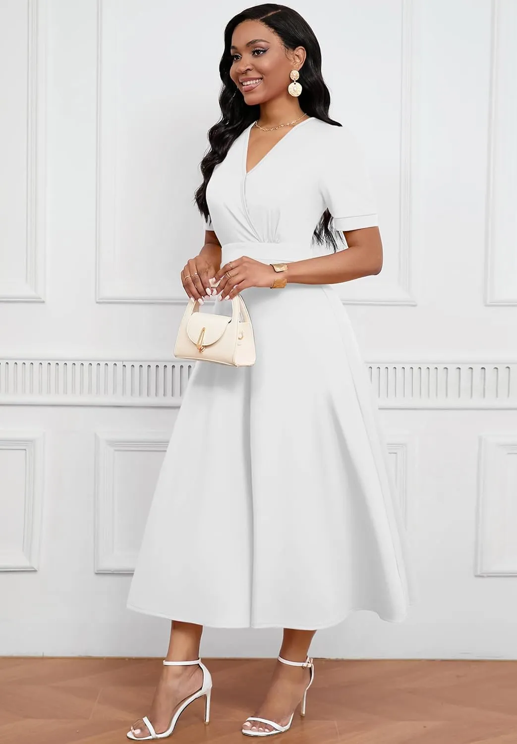 Womens Midi Dresses V Neck Cocktail Church Tea Dresses Short Sleeve A-Line Swing Dresses