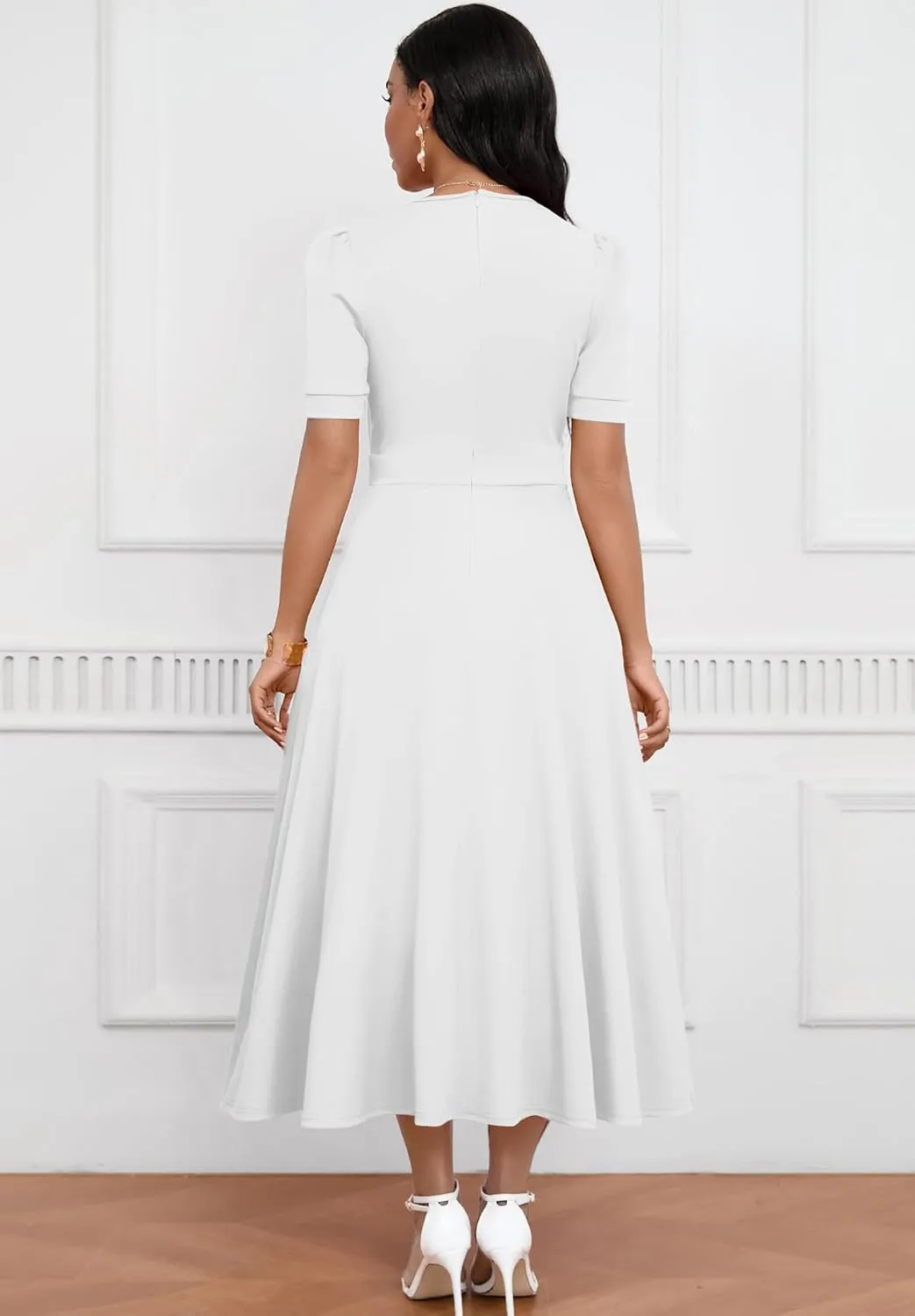 Womens Midi Dresses V Neck Cocktail Church Tea Dresses Short Sleeve A-Line Swing Dresses
