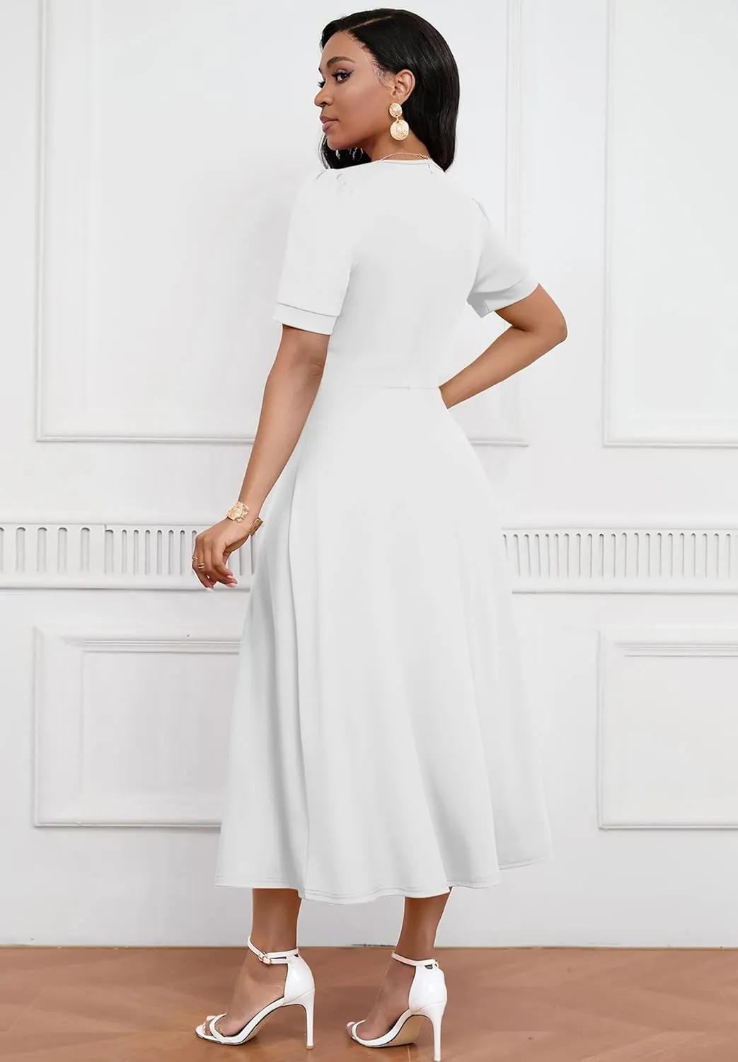 Womens Midi Dresses V Neck Cocktail Church Tea Dresses Short Sleeve A-Line Swing Dresses