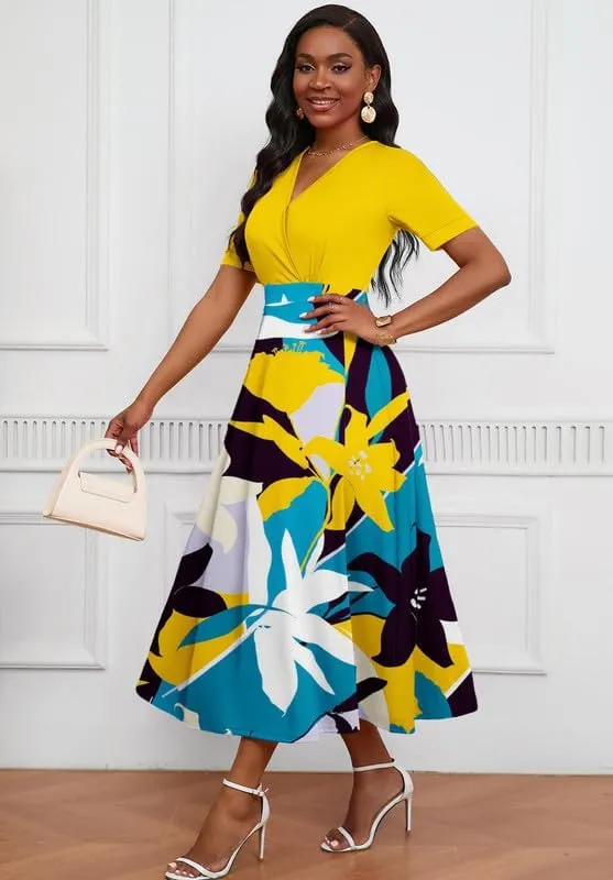 Womens Midi Dresses V Neck Cocktail Church Tea Dresses Short Sleeve A-Line Swing Dresses