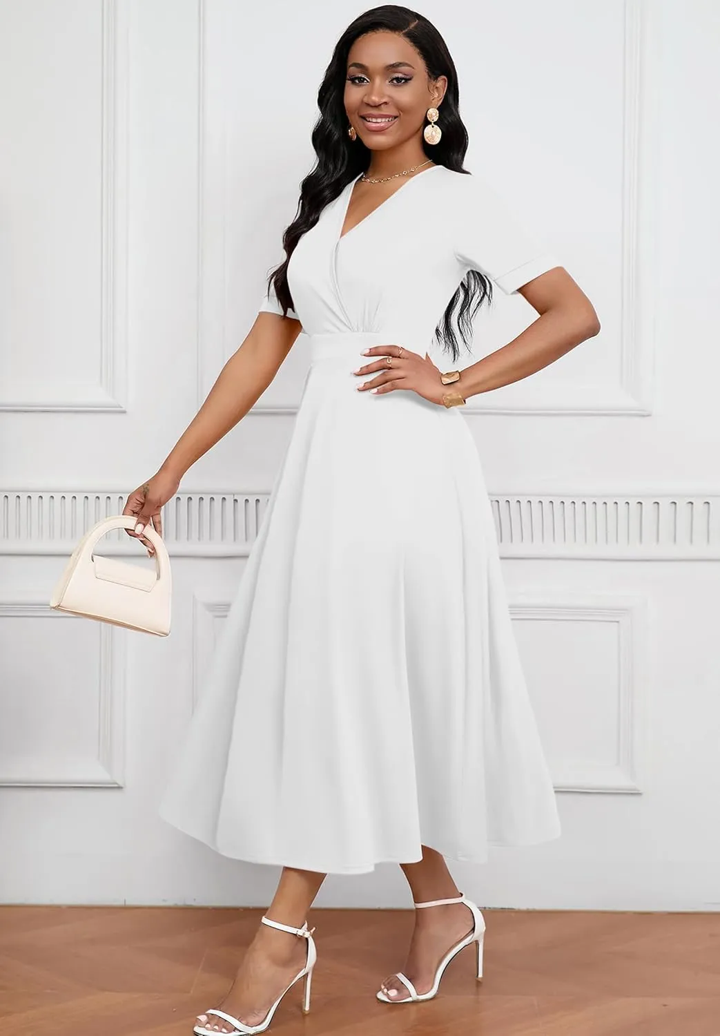 Womens Midi Dresses V Neck Cocktail Church Tea Dresses Short Sleeve A-Line Swing Dresses