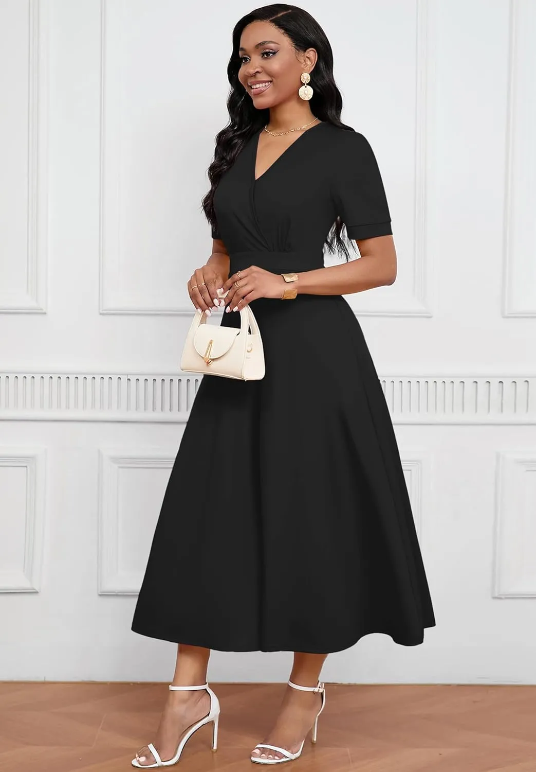 Womens Midi Dresses V Neck Cocktail Church Tea Dresses Short Sleeve A-Line Swing Dresses