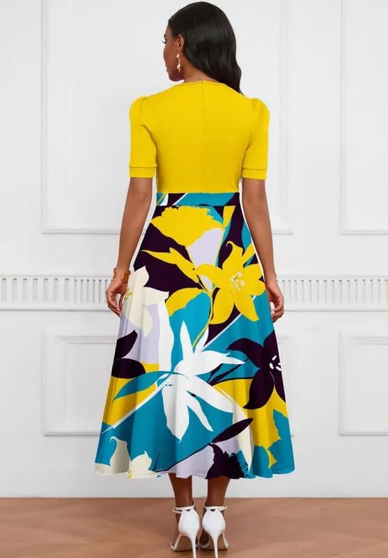 Womens Midi Dresses V Neck Cocktail Church Tea Dresses Short Sleeve A-Line Swing Dresses