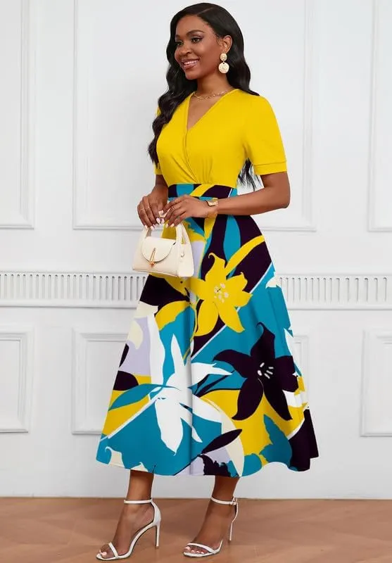 Womens Midi Dresses V Neck Cocktail Church Tea Dresses Short Sleeve A-Line Swing Dresses