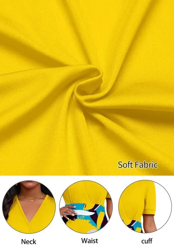 Womens Midi Dresses V Neck Cocktail Church Tea Dresses Short Sleeve A-Line Swing Dresses