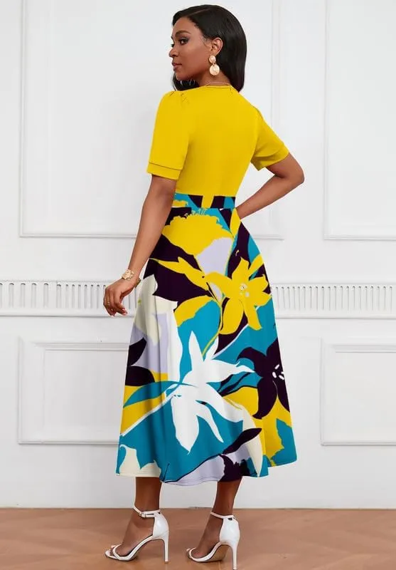 Womens Midi Dresses V Neck Cocktail Church Tea Dresses Short Sleeve A-Line Swing Dresses