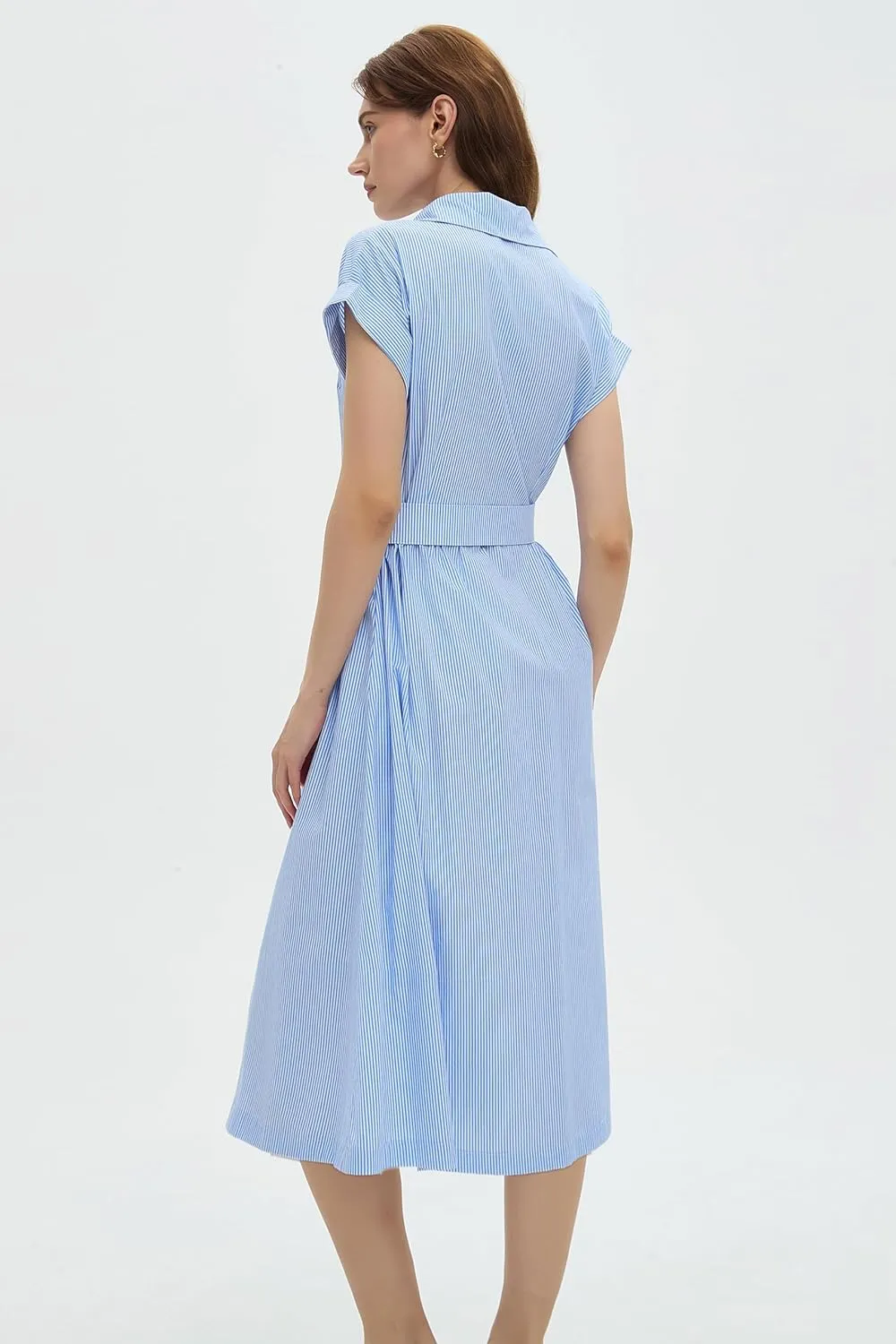 Womens Midi Shirt Dress Striped Casual Short Sleeve Button Down Lapel V Neck A Line Belted Long Dresses