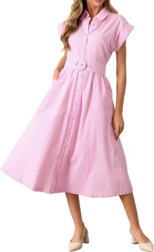 Womens Midi Shirt Dress Striped Casual Short Sleeve Button Down Lapel V Neck A Line Belted Long Dresses