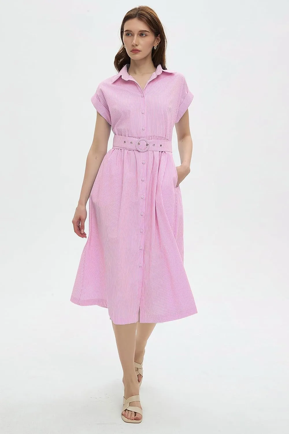 Womens Midi Shirt Dress Striped Casual Short Sleeve Button Down Lapel V Neck A Line Belted Long Dresses