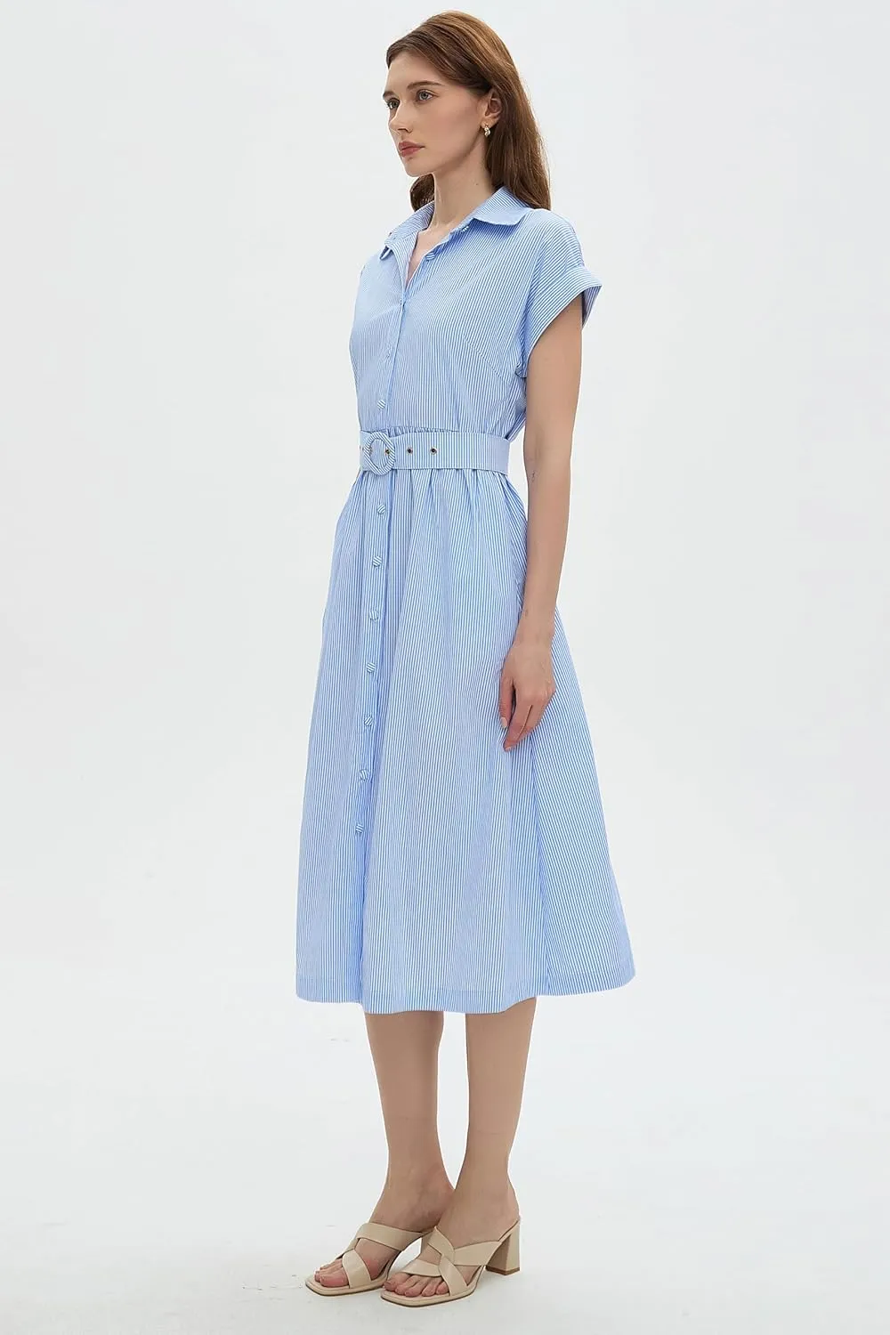 Womens Midi Shirt Dress Striped Casual Short Sleeve Button Down Lapel V Neck A Line Belted Long Dresses