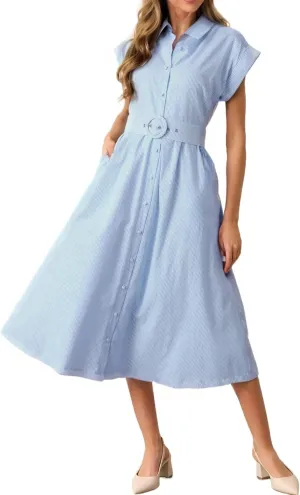 Womens Midi Shirt Dress Striped Casual Short Sleeve Button Down Lapel V Neck A Line Belted Long Dresses