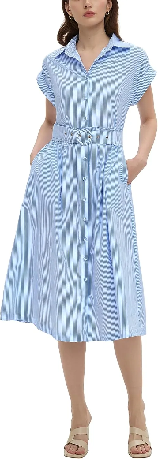 Womens Midi Shirt Dress Striped Casual Short Sleeve Button Down Lapel V Neck A Line Belted Long Dresses