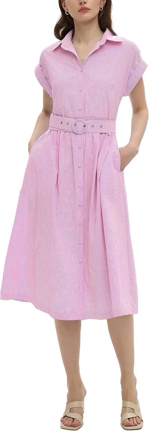 Womens Midi Shirt Dress Striped Casual Short Sleeve Button Down Lapel V Neck A Line Belted Long Dresses