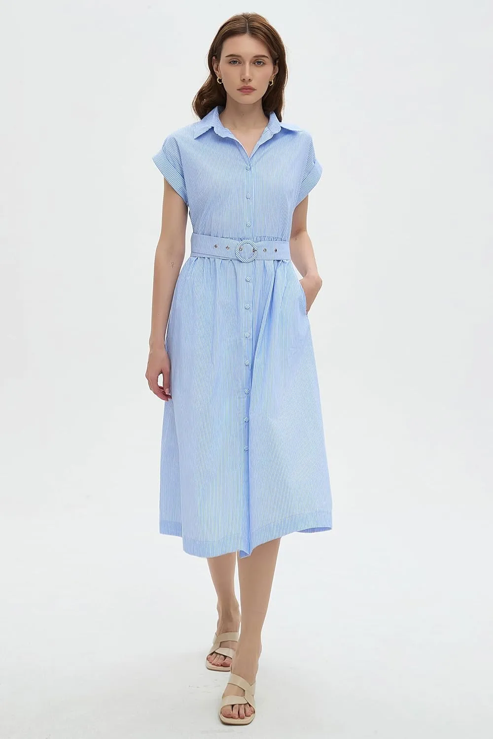 Womens Midi Shirt Dress Striped Casual Short Sleeve Button Down Lapel V Neck A Line Belted Long Dresses