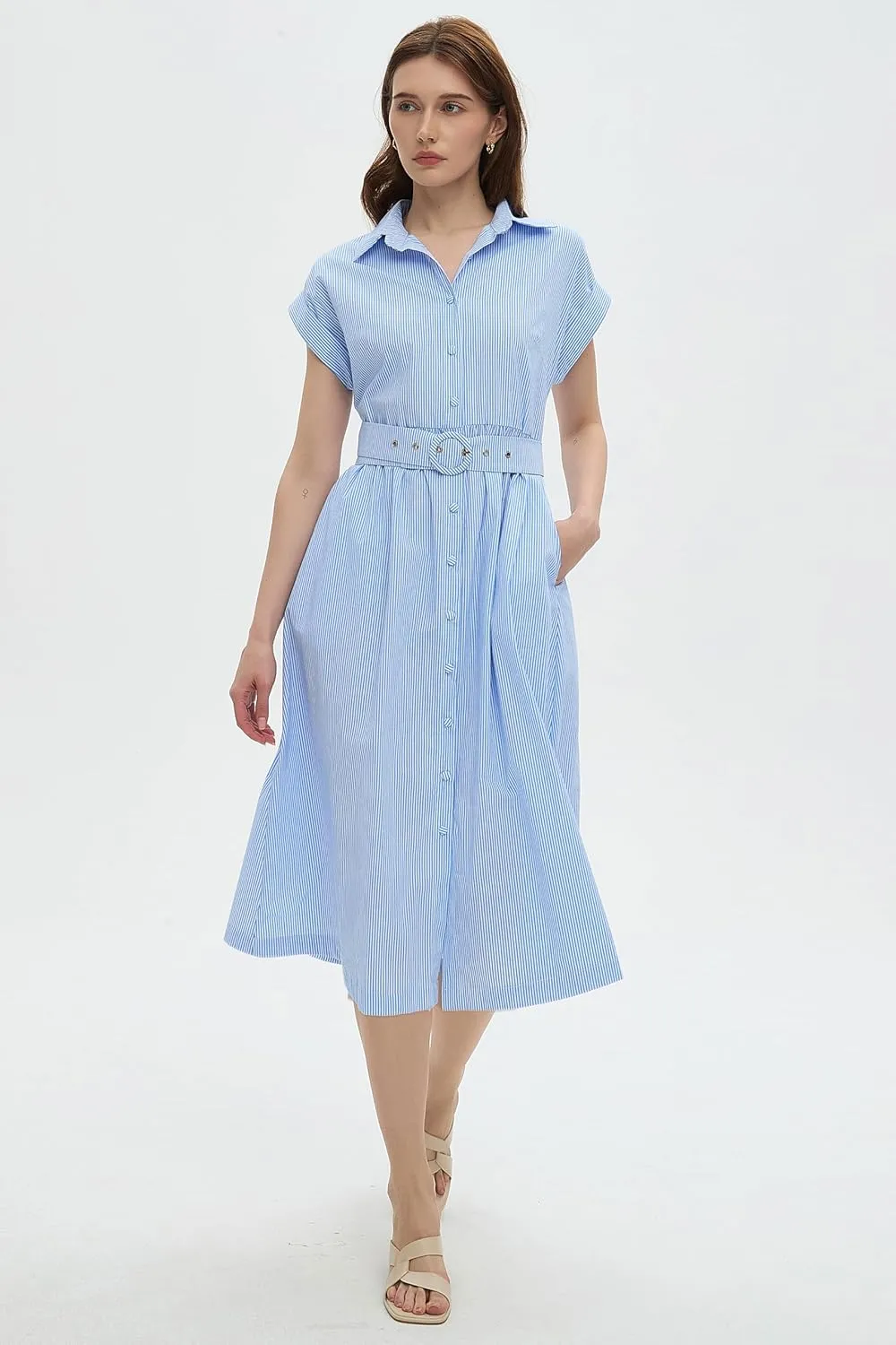 Womens Midi Shirt Dress Striped Casual Short Sleeve Button Down Lapel V Neck A Line Belted Long Dresses