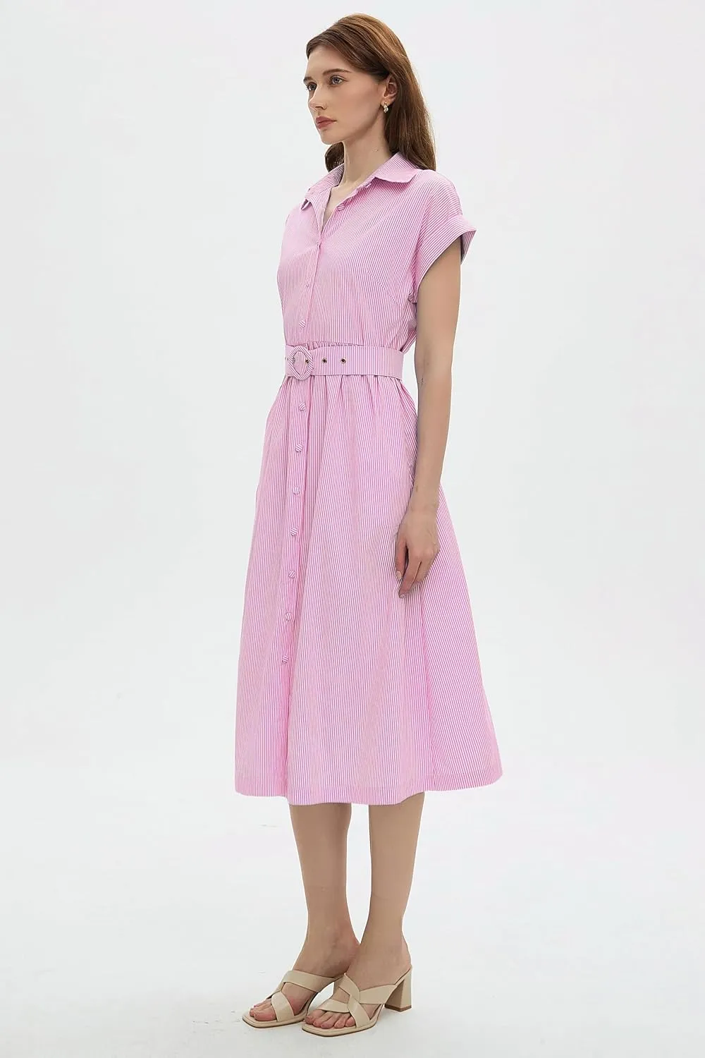 Womens Midi Shirt Dress Striped Casual Short Sleeve Button Down Lapel V Neck A Line Belted Long Dresses