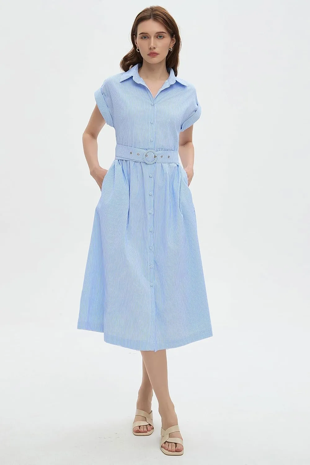 Womens Midi Shirt Dress Striped Casual Short Sleeve Button Down Lapel V Neck A Line Belted Long Dresses