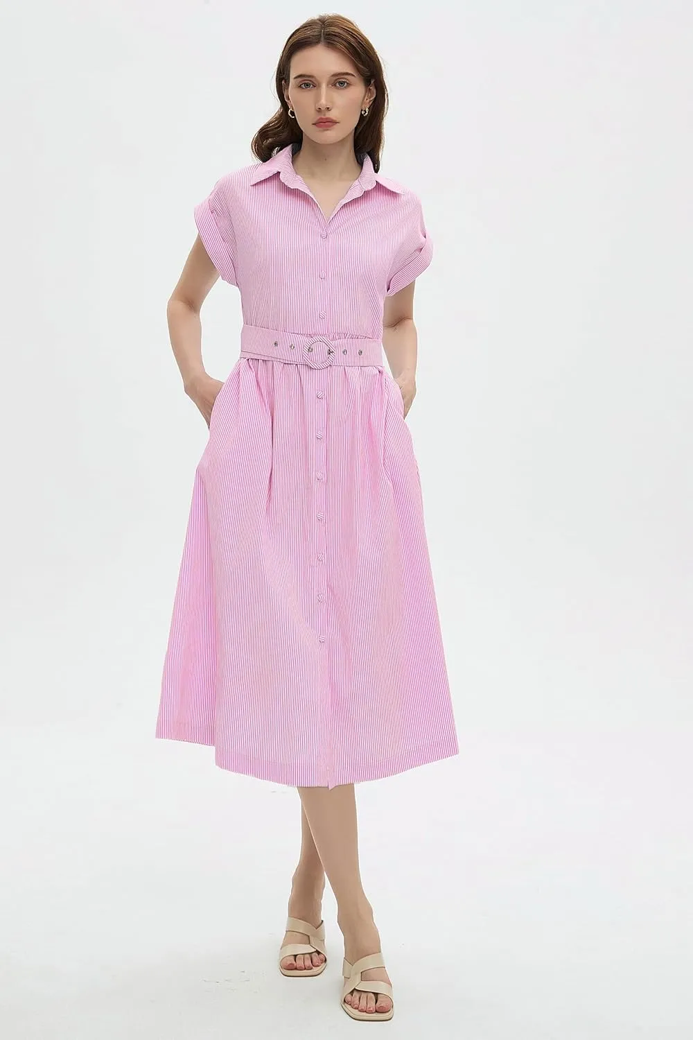 Womens Midi Shirt Dress Striped Casual Short Sleeve Button Down Lapel V Neck A Line Belted Long Dresses