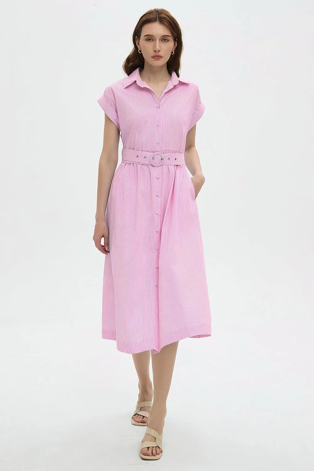 Womens Midi Shirt Dress Striped Casual Short Sleeve Button Down Lapel V Neck A Line Belted Long Dresses