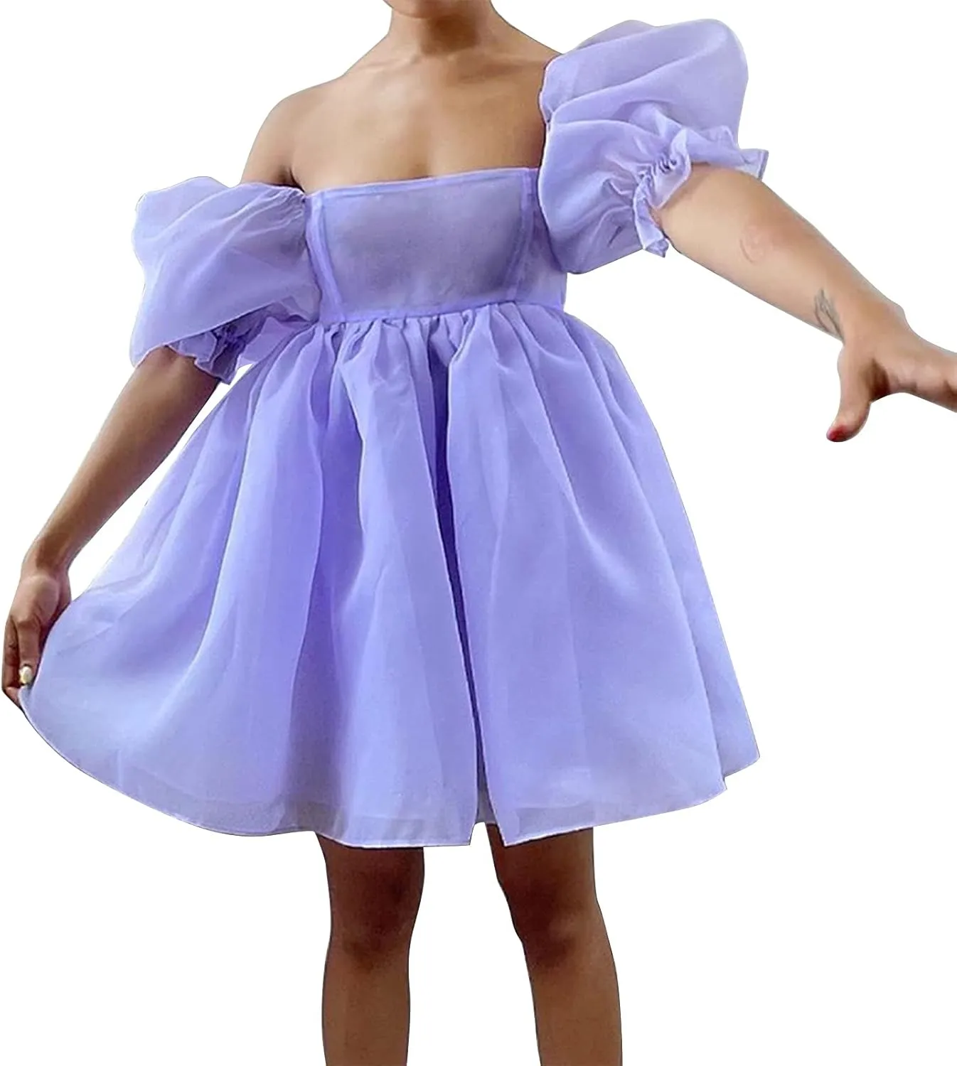 Womens Off-Shoulder Ruffled Fluffy Short-Sleeved Mesh Party Mini Princess Dress