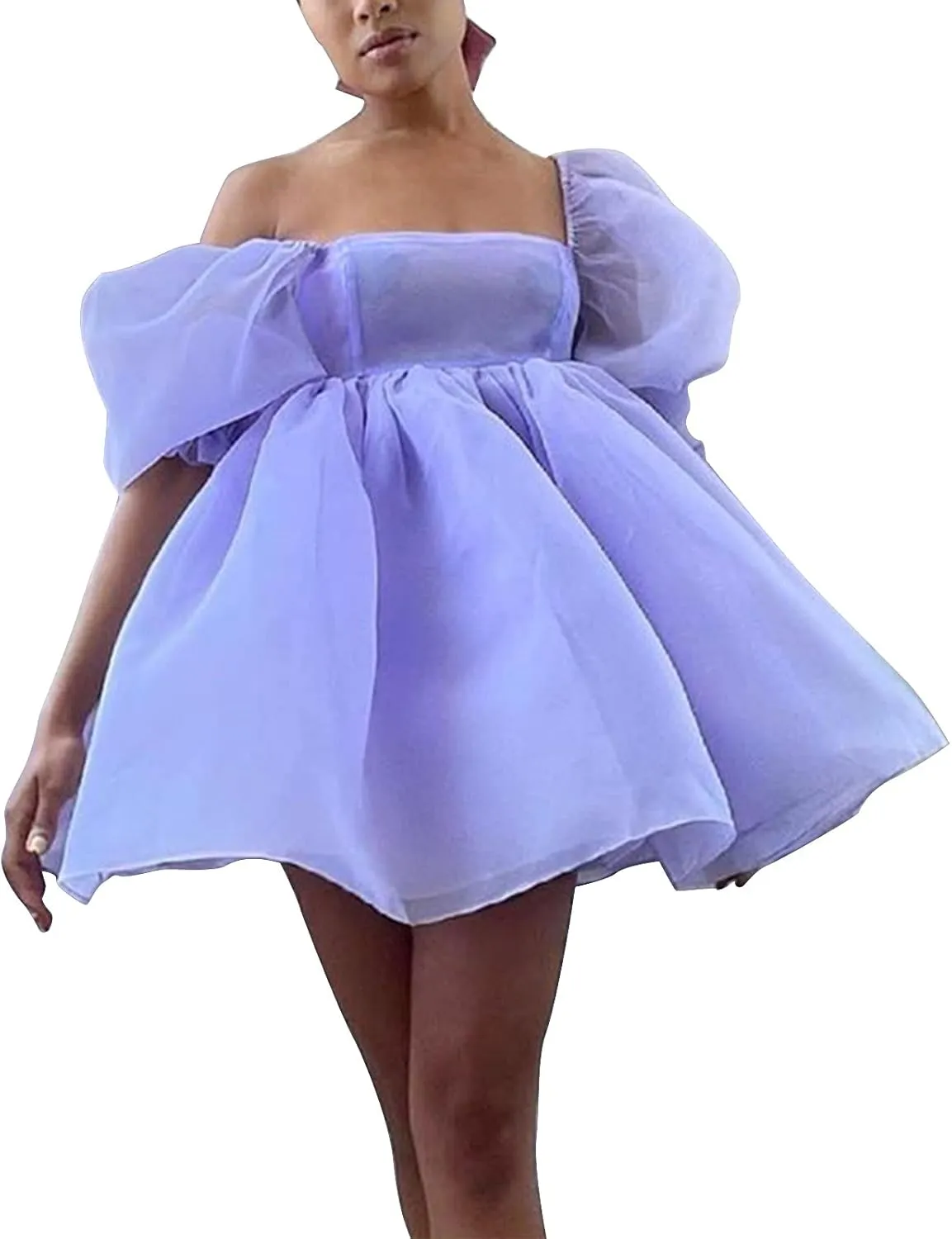 Womens Off-Shoulder Ruffled Fluffy Short-Sleeved Mesh Party Mini Princess Dress