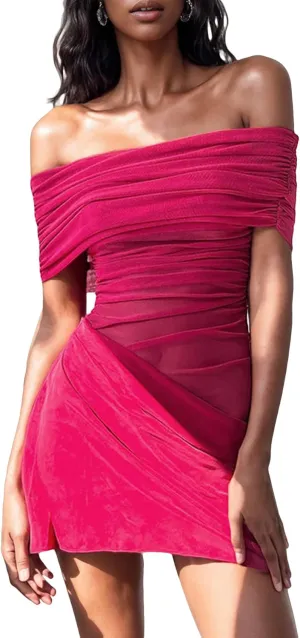 Women's Off The Shoulder Sheer Mesh Mini Dress Ruched Dresses Sexy See Through Y2k Party Club Beach Short Dress