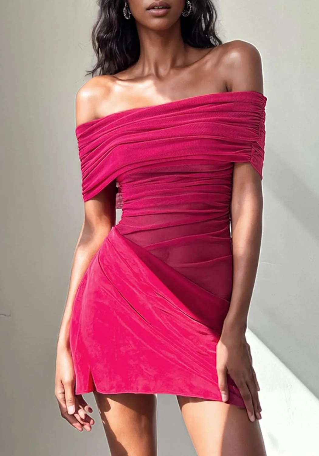 Women's Off The Shoulder Sheer Mesh Mini Dress Ruched Dresses Sexy See Through Y2k Party Club Beach Short Dress