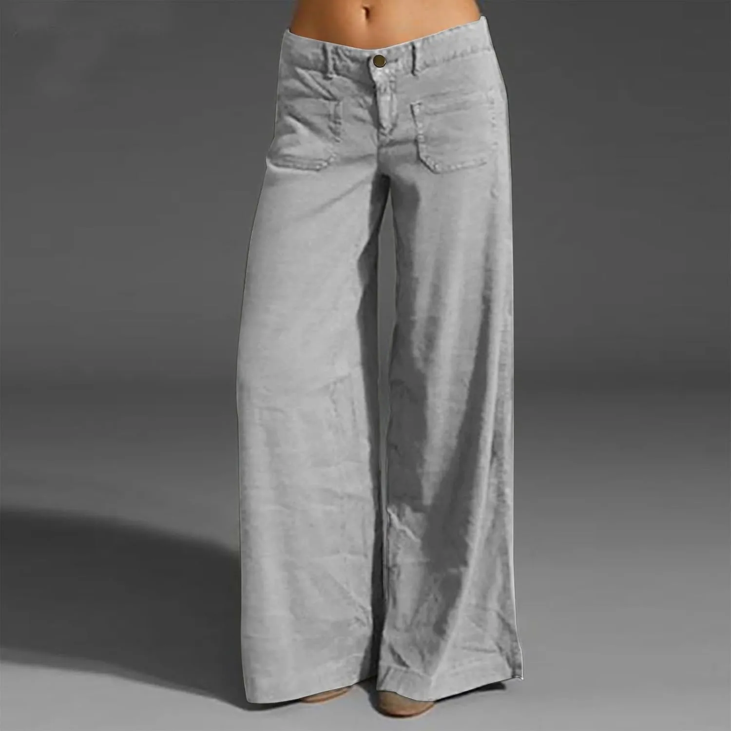Womens Palazzo Trousers Plus Size Linen Pants Wide Leg Trousers High Elastic Waist Flowy Pants Culottes with Pockets