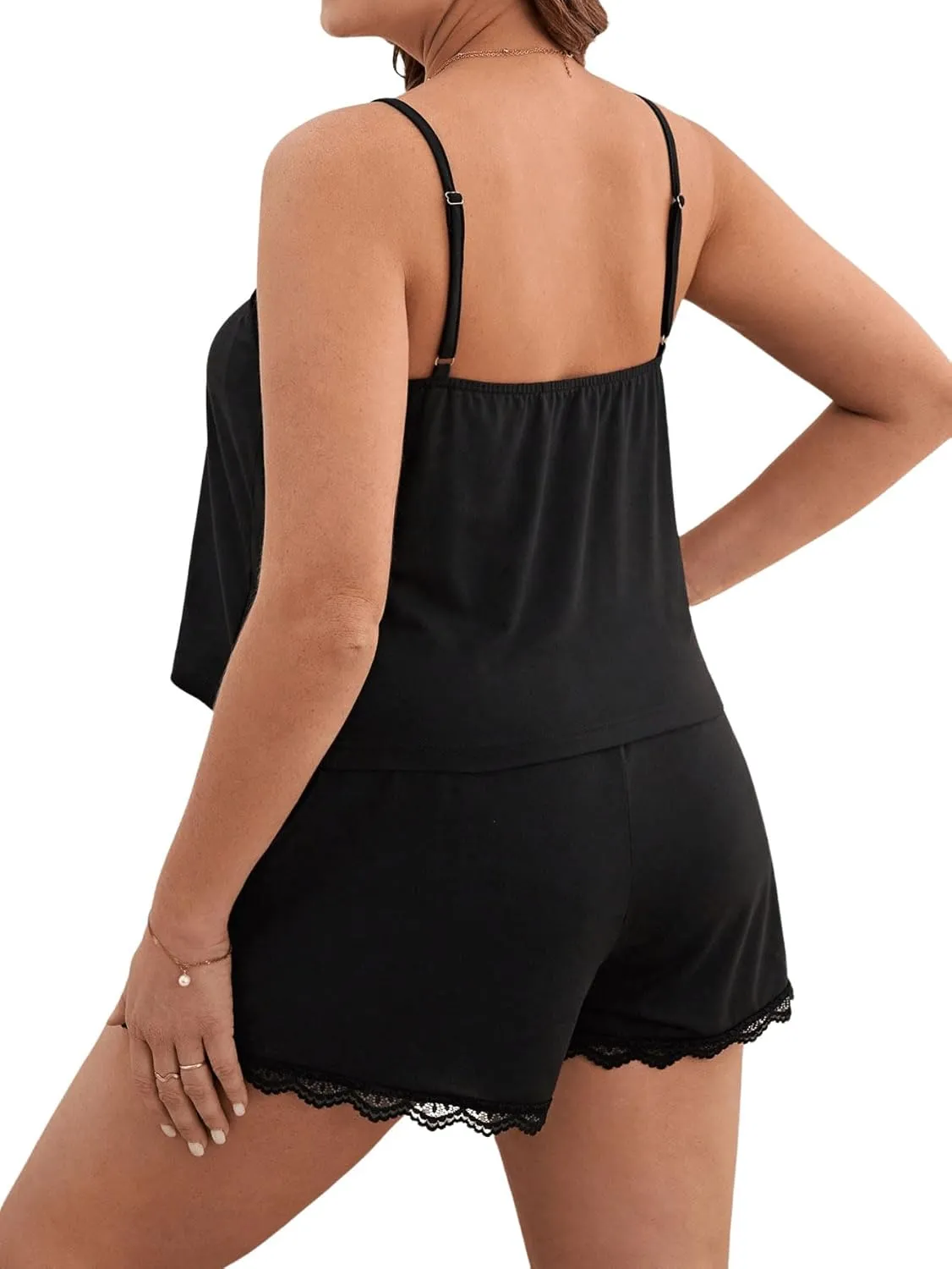 Women's Plus Size Pajama Sets 2 Piece Lace Trim Sleeveless Camisoles and Shorts Sleepwear Loungewear