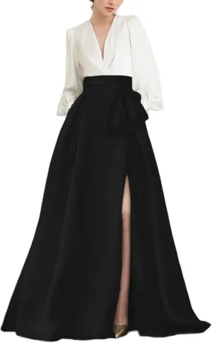 Women's Satin Long Sleeves Prom Dress Long Formal Evening Dress Elegant A Line Wedding Guest Dress with Pockets