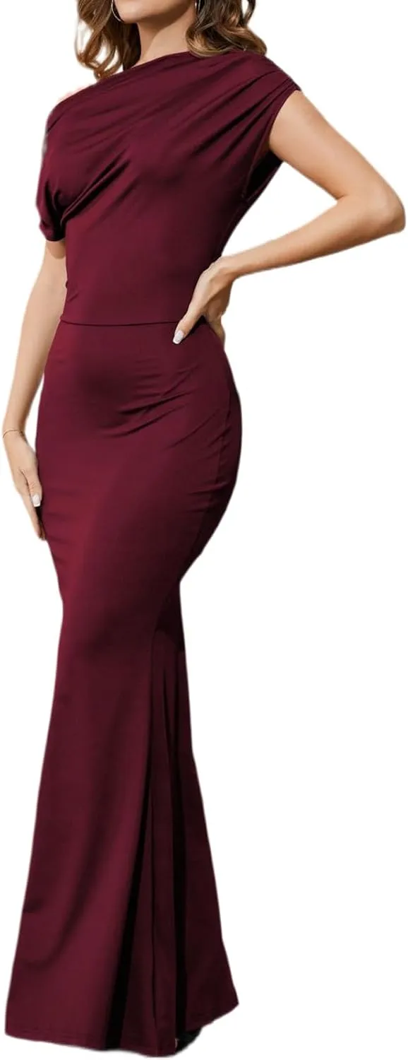 Women's Sexy Off Shoulder Bodycon Maxi Dresses Casual Short Sleeve Mermaid Club Party Long Dress