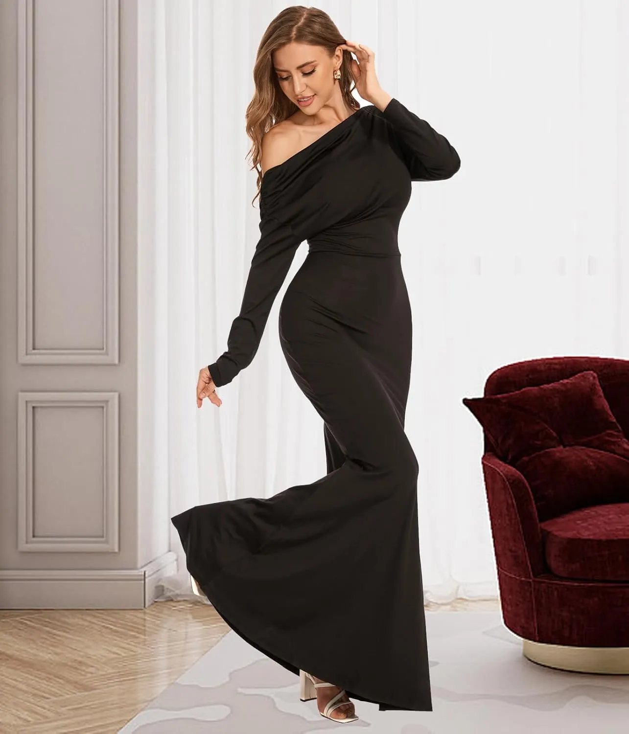 Women's Sexy Off Shoulder Bodycon Maxi Dresses Casual Short Sleeve Mermaid Club Party Long Dress