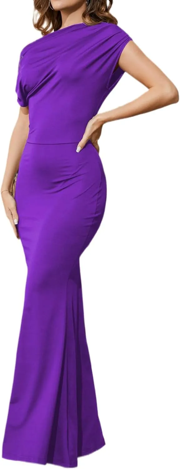 Women's Sexy Off Shoulder Bodycon Maxi Dresses Casual Short Sleeve Mermaid Club Party Long Dress