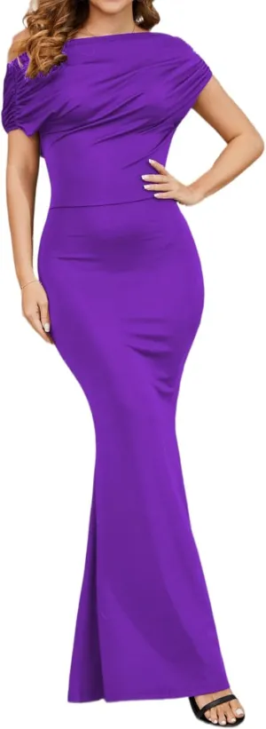 Women's Sexy Off Shoulder Bodycon Maxi Dresses Casual Short Sleeve Mermaid Club Party Long Dress